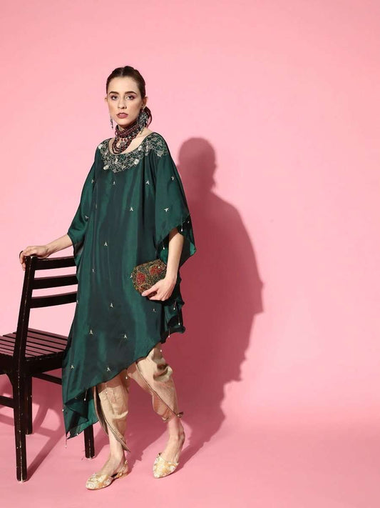 Green Dual Tone Floral Embroidered Kaftan Kurta with Dhoti Pants - Inddus.com