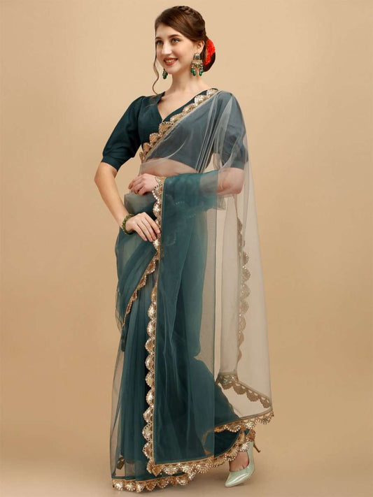 Green Embellished Net Saree - Inddus.com