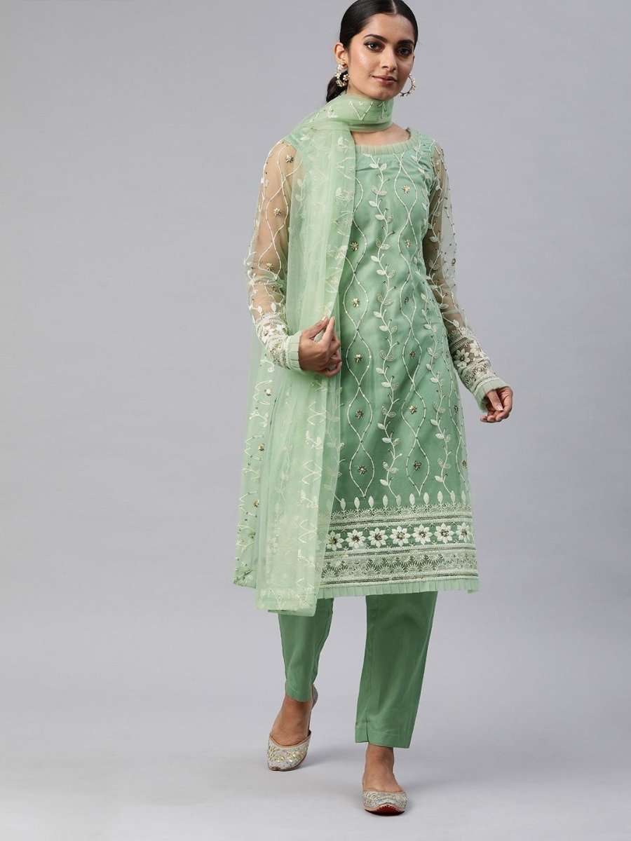 green Embroidered Kurta Set with Dupatta - Inddus.com