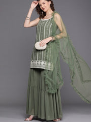 Green Embroidered Kurta with Tierred Sharara - Inddus.com