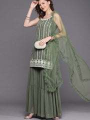 Green Embroidered Kurta with Tierred Sharara - Inddus.com