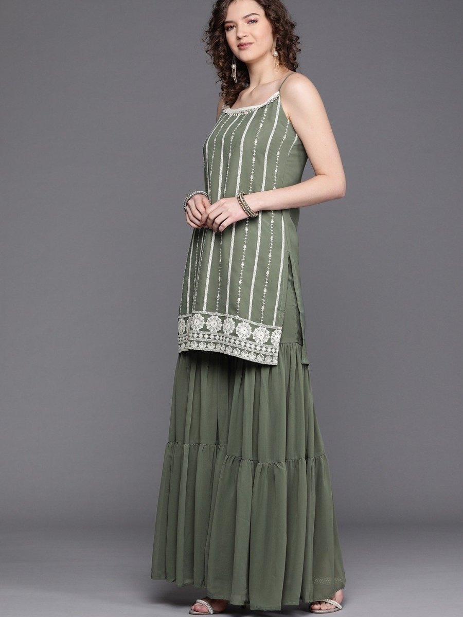 Green Embroidered Kurta with Tierred Sharara - Inddus.com