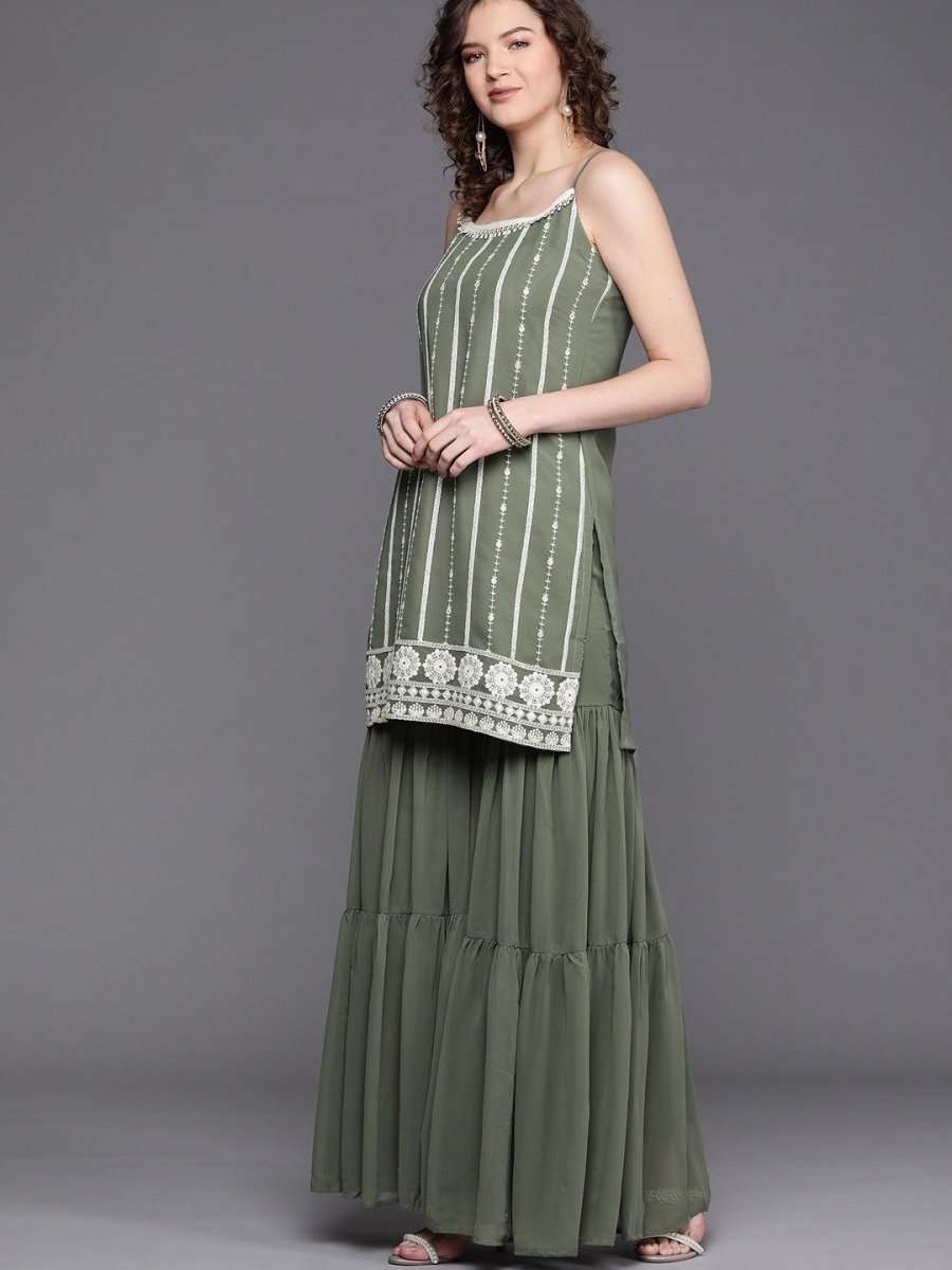 Green Embroidered Kurta with Tierred Sharara - Inddus.com