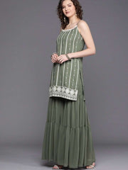 Green Embroidered Kurta with Tierred Sharara - Inddus.com