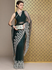 Green Embroidered Net Saree - Inddus.com