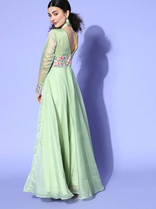Green Embroidered Organza Party wear Gown - Inddus.com
