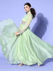 Green Embroidered Organza Party wear Gown - Inddus.com