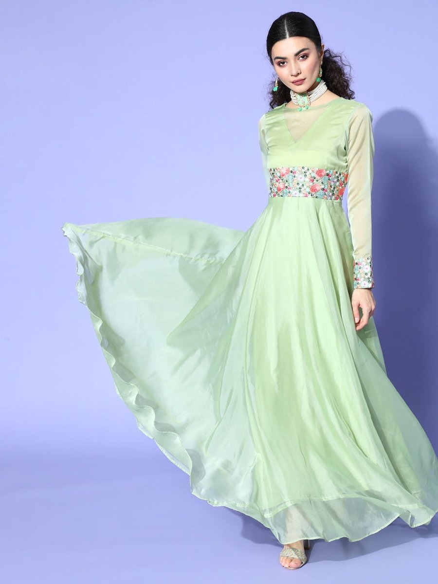 Green Embroidered Organza Party wear Gown - Inddus.com