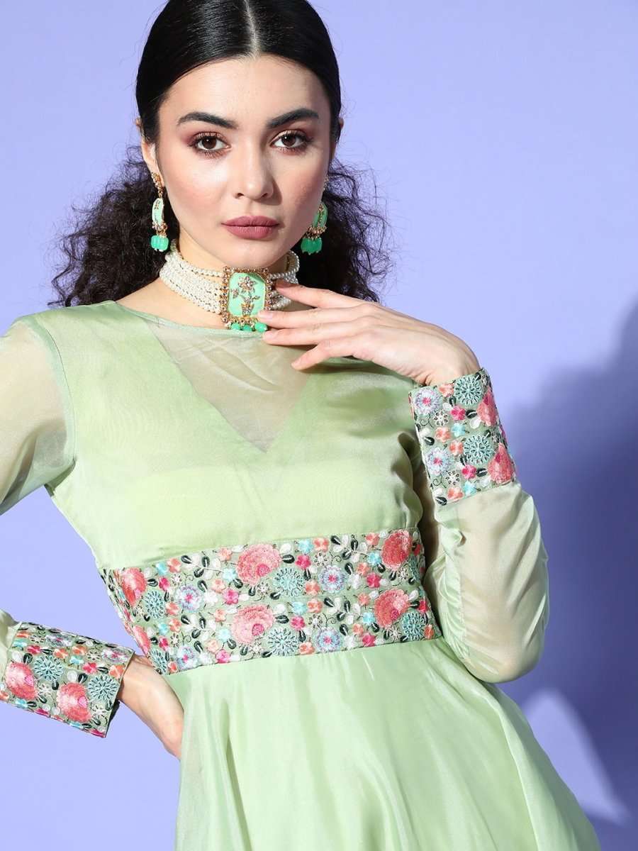 Green Embroidered Organza Party wear Gown - Inddus.com