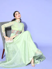 Green Embroidered Organza Party wear Gown - Inddus.com