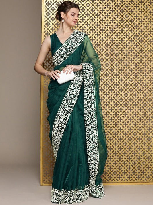 Green Embroidered Organza Saree - Inddus.com
