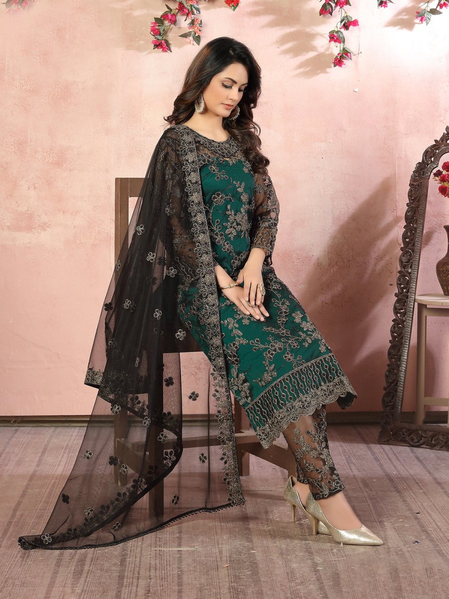 Green Embroidered Partywear Straight Cut Suit - Inddus.com
