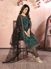 Green Embroidered Partywear Straight Cut Suit - Inddus.com