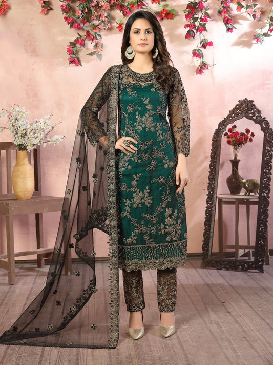 Green Embroidered Partywear Straight Cut Suit - Inddus.com