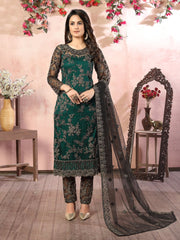 Green Embroidered Partywear Straight Cut Suit - Inddus.com