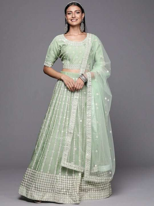 Green Embroidered Semi-Stitched Lehenga & Unstitched Blouse With Dupatta - Inddus.com
