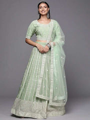 Green Embroidered Semi-Stitched Lehenga & Unstitched Blouse With Dupatta - Inddus.com