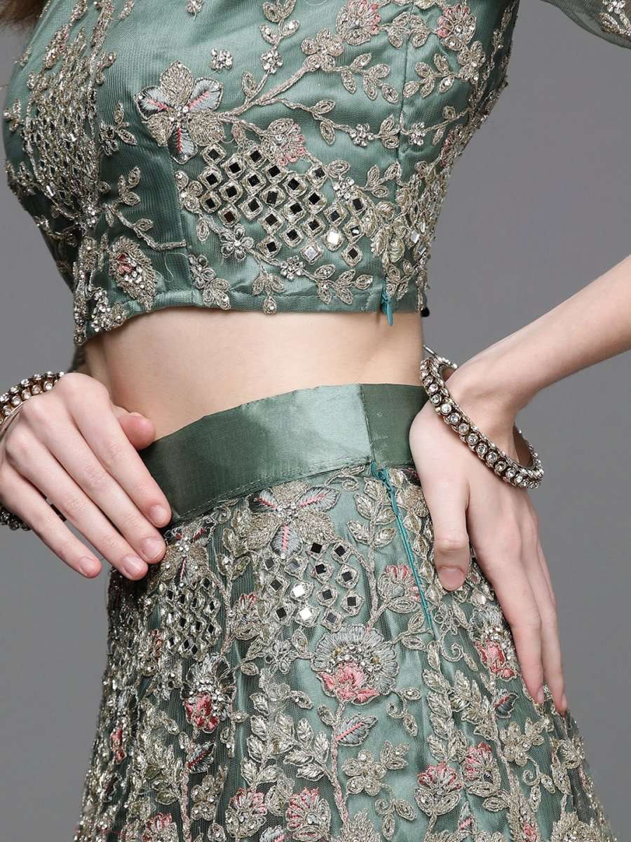 Green Embroidered Semi-Stitched Lehenga with Unstitched Blouse & Dupatta - Inddus.com