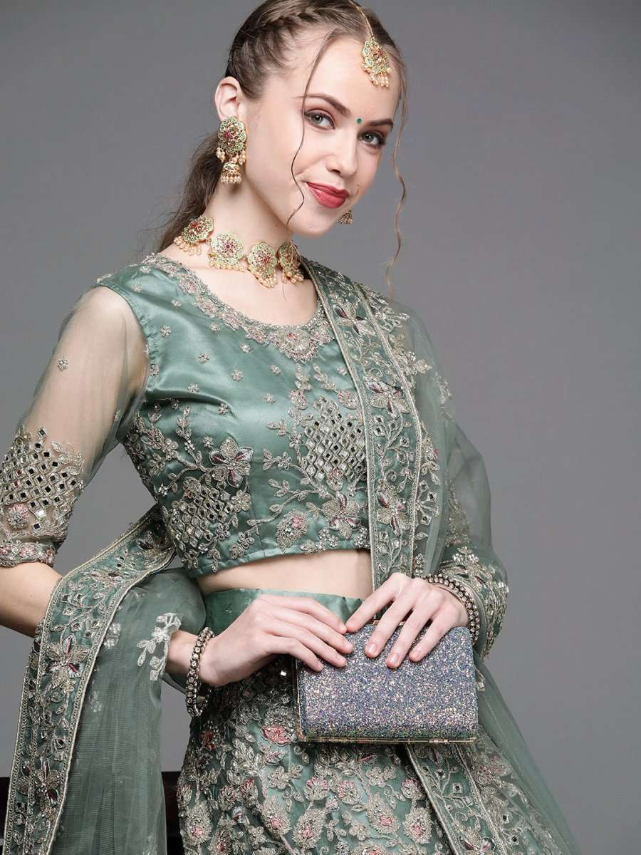 Green Embroidered Semi-Stitched Lehenga with Unstitched Blouse & Dupatta - Inddus.com