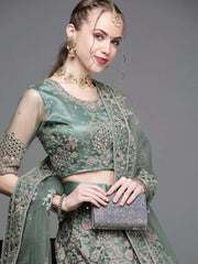 Green Embroidered Semi-Stitched Lehenga with Unstitched Blouse & Dupatta - Inddus.com