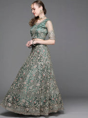 Green Embroidered Semi-Stitched Lehenga with Unstitched Blouse & Dupatta - Inddus.com