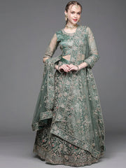 Green Embroidered Semi-Stitched Lehenga with Unstitched Blouse & Dupatta - Inddus.com