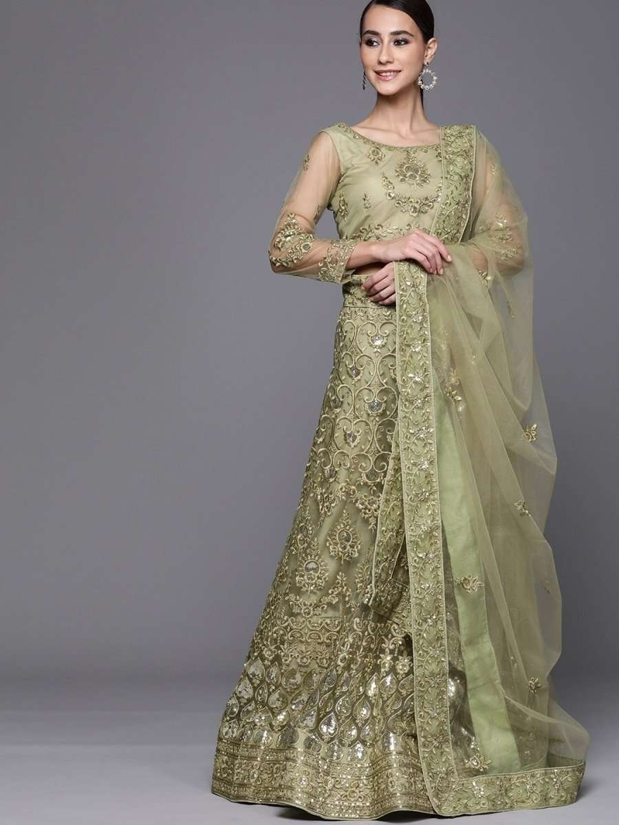 Green Embroidered Semistitched Lehenga with Blouse and Net Embroidered Dupatta - inddus-us
