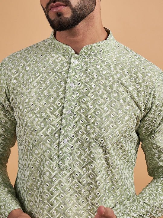 Green Ethnic Motif Embroidered Chikankari Straight Kurta - Inddus.com