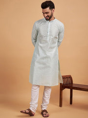 Green Ethnic Motif Embroidered Chikankari Straight Kurta - Inddus.com