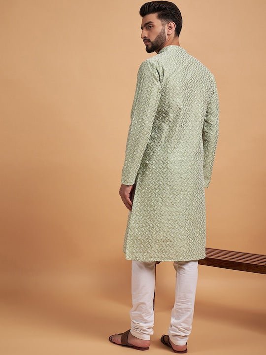 Green Ethnic Motif Embroidered Chikankari Straight Kurta - Inddus.com