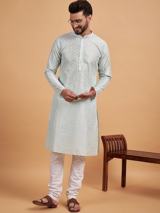 Green Ethnic Motif Embroidered Chikankari Straight Kurta - Inddus.com