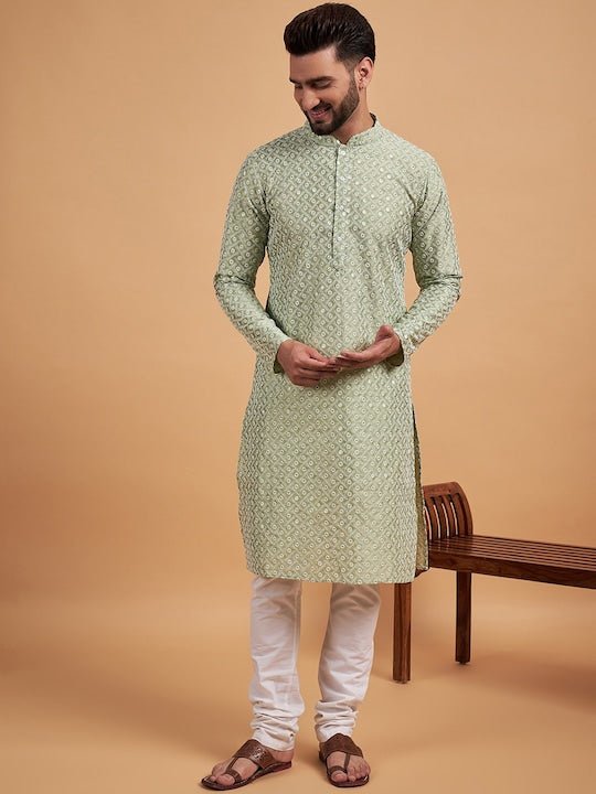 Green Ethnic Motif Embroidered Chikankari Straight Kurta - Inddus.com