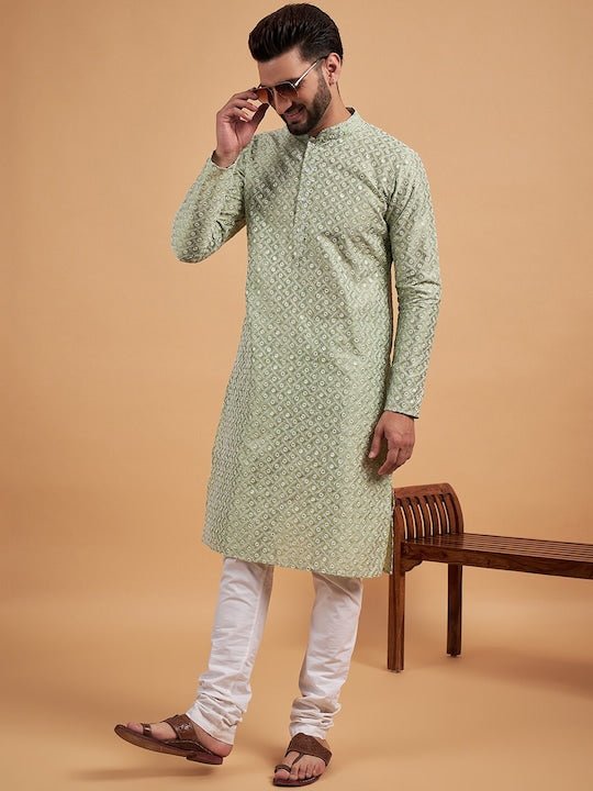 Green Ethnic Motif Embroidered Chikankari Straight Kurta - Inddus.com