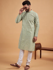 Green Ethnic Motif Embroidered Chikankari Straight Kurta - Inddus.com
