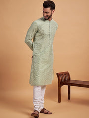 Green Ethnic Motif Embroidered Chikankari Straight Kurta - Inddus.com