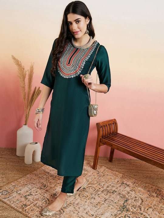 Green Ethnic Motifs Yoke Design Regular Thread Work Kurta With Trouser - Inddus.com