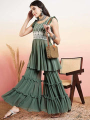 Green Ethnic Motifs Yoke Design Thread Work Regular Kurta With Sharara - Inddus.com