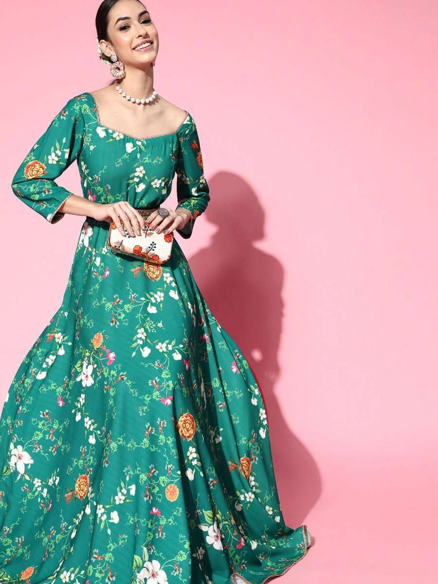 Green Floral Digital Print Gown with Belt - Inddus.com