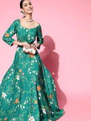 Green Floral Digital Print Gown with Belt - Inddus.com