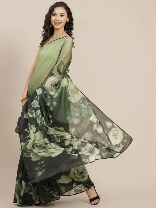 Green Floral Digital Print Saree - inddus-us