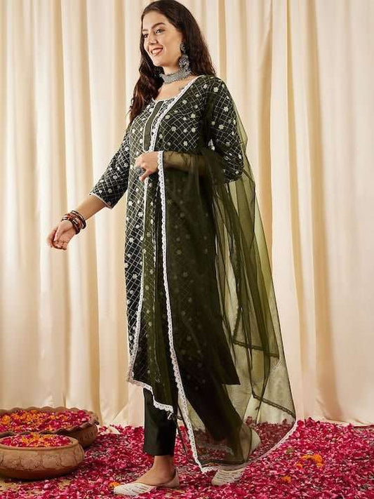 Green Floral Embroidered Kurta & Trousers With Dupatta - Inddus.com