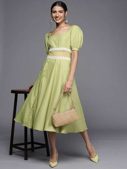 Green Floral Embroidered Lace Midi Dress - Inddus.com