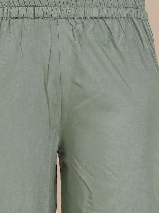 Green Floral Embroidered Pure Cotton A-Line Kurta with Palazzos - Inddus.com