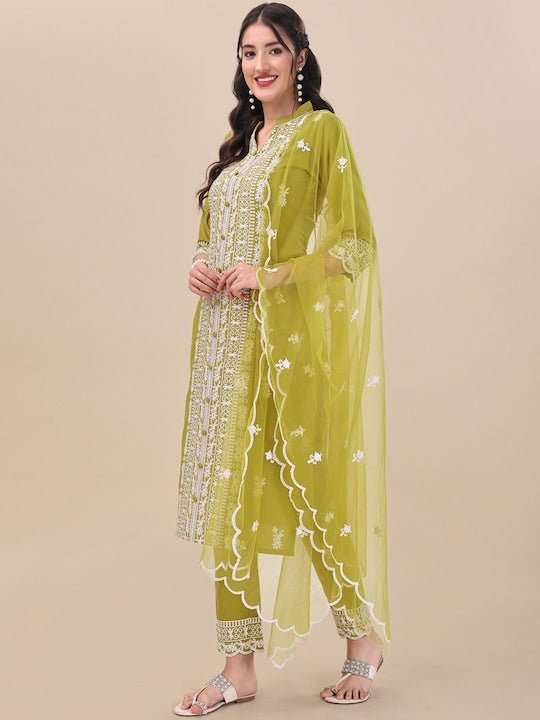 Green Floral Embroidered Thread Work Straight Kurta & Trousers With Dupatta - Inddus.com