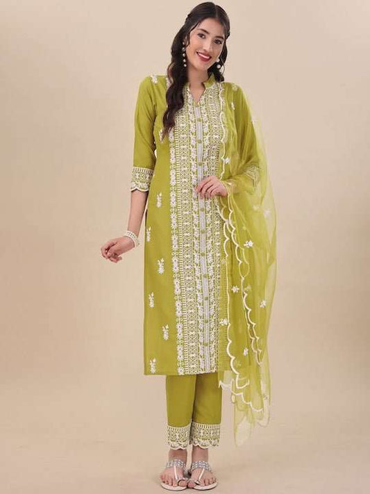 Green Floral Embroidered Thread Work Straight Kurta & Trousers With Dupatta - Inddus.com