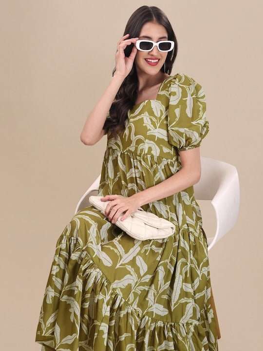 Green Floral Printed Fit And Flare Puff Sleeves Tiered Ethnic Dresses - Inddus.com