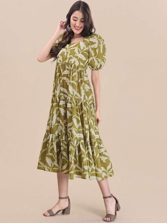Green Floral Printed Fit And Flare Puff Sleeves Tiered Ethnic Dresses - Inddus.com