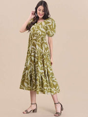 Green Floral Printed Fit And Flare Puff Sleeves Tiered Ethnic Dresses - Inddus.com