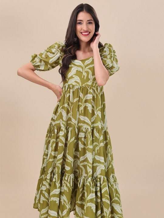 Green Floral Printed Fit And Flare Puff Sleeves Tiered Ethnic Dresses - Inddus.com