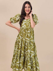 Green Floral Printed Fit And Flare Puff Sleeves Tiered Ethnic Dresses - Inddus.com
